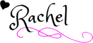 "rachel" signature with small heart and pink swirl