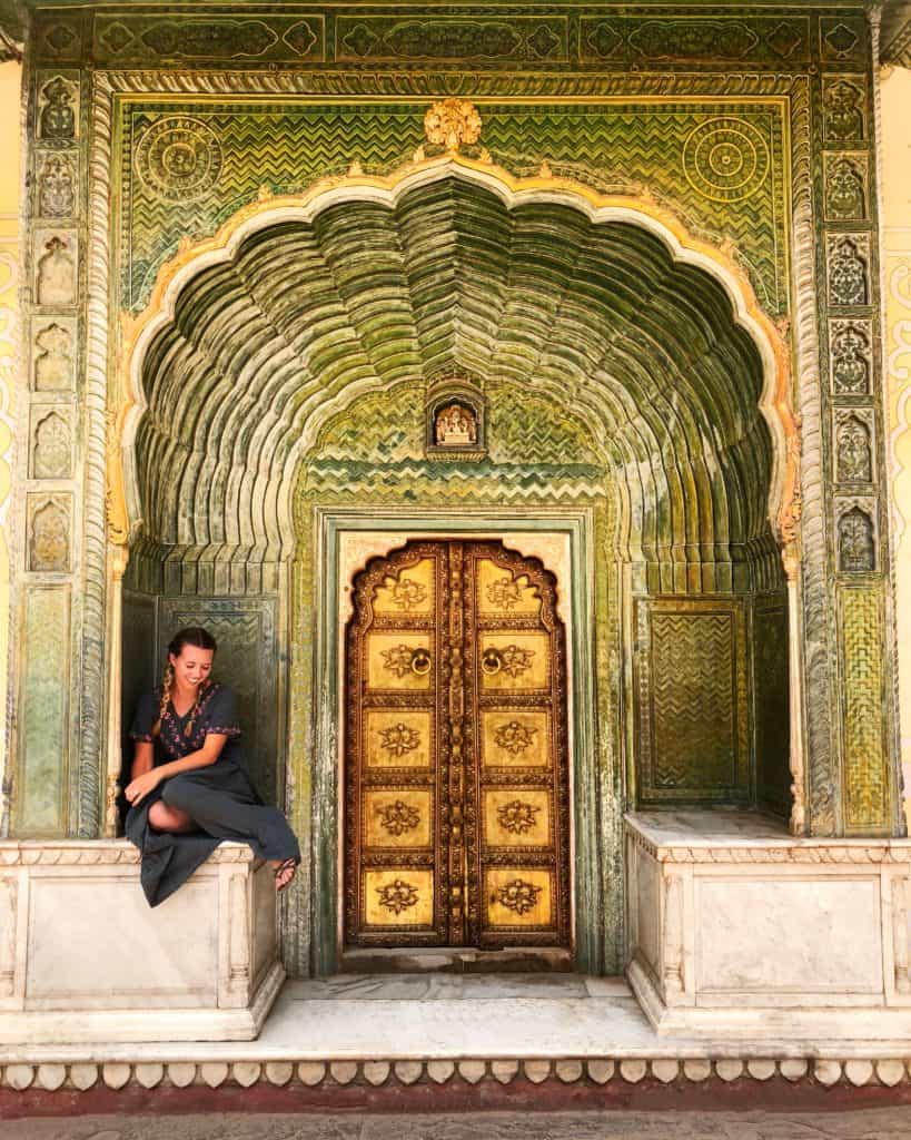 green doorway at the city palace Jaipur, India
