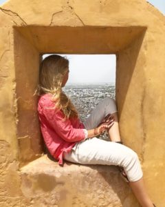 A window in the wall of Nahargarh fort overlooking the city of Jaipur, India