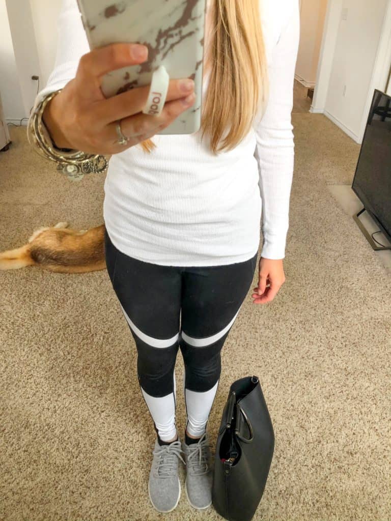 May's thrifted outfits, white waffle knit shirt, black leggings, black and white outfit, athleisure wear