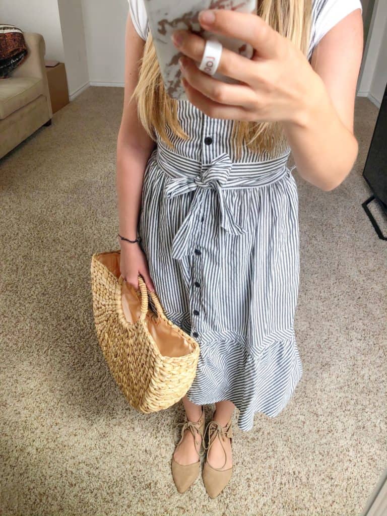 May's thrifted outfits, grey stripped dress, nude block heels, woven rattan bag