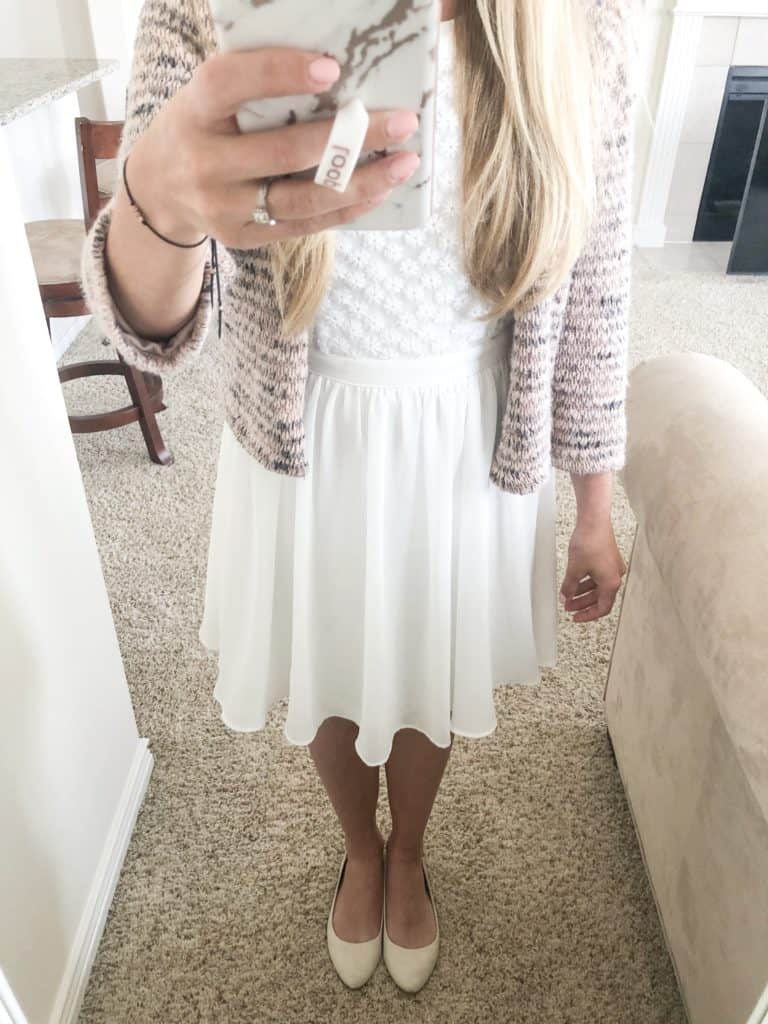 pinterest inspired thrifted outfits. White dress, spring dresses, pink sweater, church outfit