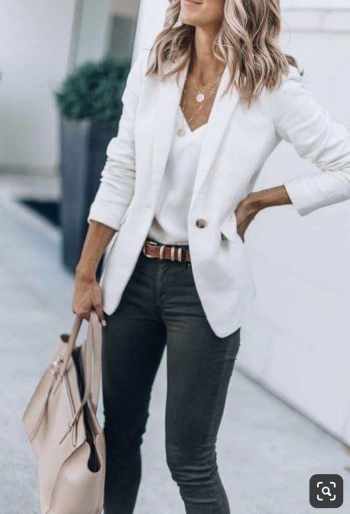 August outfits for school, back to school, summer august outfits, casual, august outfits for women, cute summer outfits. summer business casual outfit, classy summer outfits, white blazer, white tank top, grey wash jeans, pink purse,  stacked necklaces