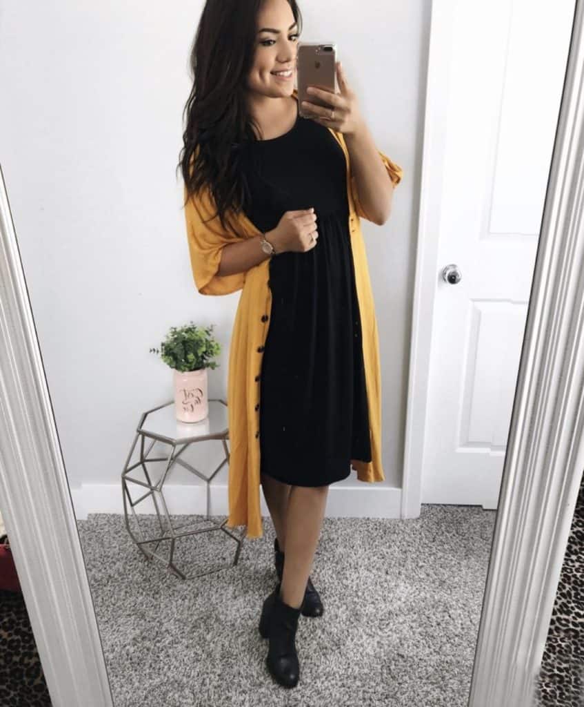 September outfits, fall outfit inspiration, what to wear in fall, modest sunday outfits, black shift dress, yellow dress, yellow cardigan, green dress, green cardigan, black booties, gold watch