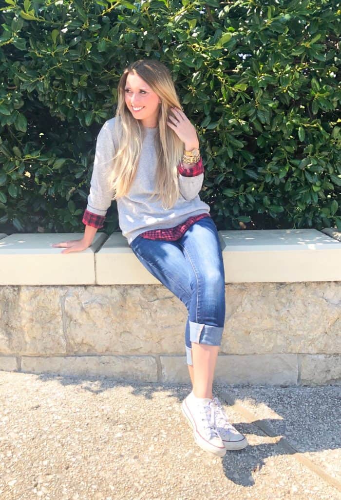 September outfits, fall outfit inspiration, black and red gingham button up, grey sweater, sweater outfit, jeans, white converse, tan purse, gold watch, gold bracelet 