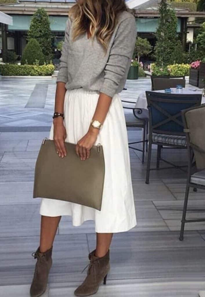October outfit ideas, fall outfit inspiration, date night outfits, modest outfits, warm sweater outfits, grey sweater, white midi skirt, lace up booties
