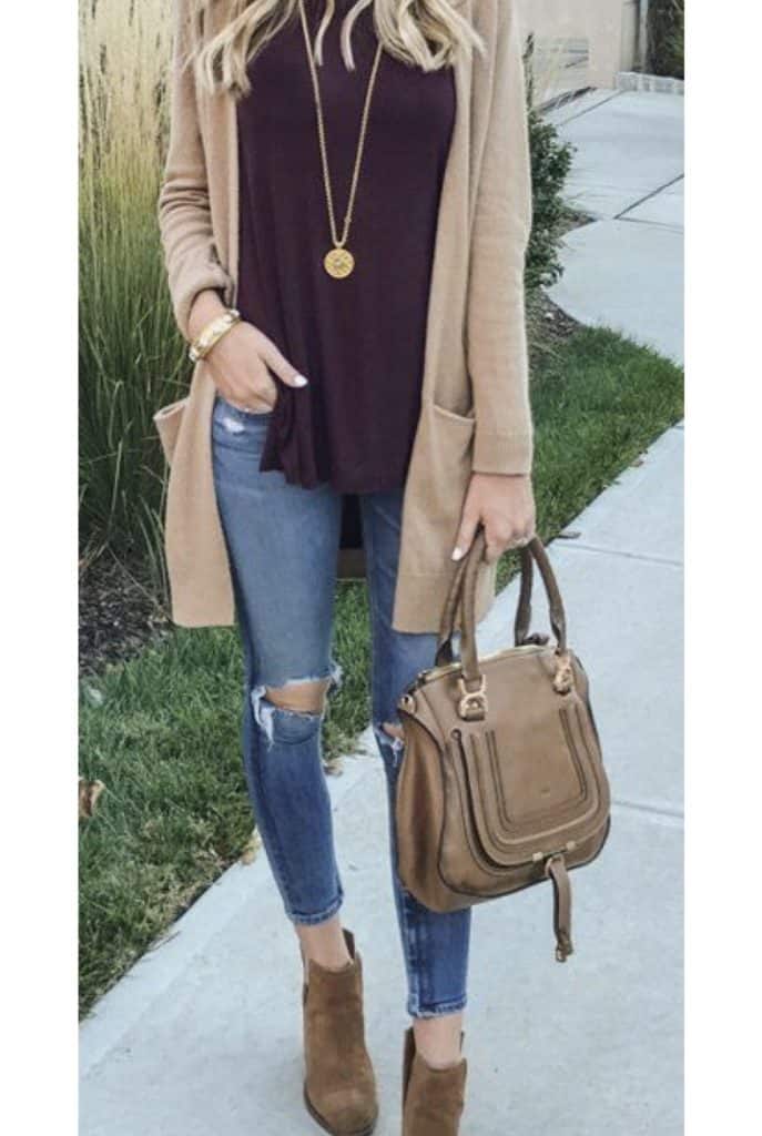 October outfit ideas, fall outfit inspiration, date night outfits, modest outfits, warm sweater outfits, cardigan outfits, tan cardigan, purple top, casual outfits, gold necklace, distressed jeans, tan booties