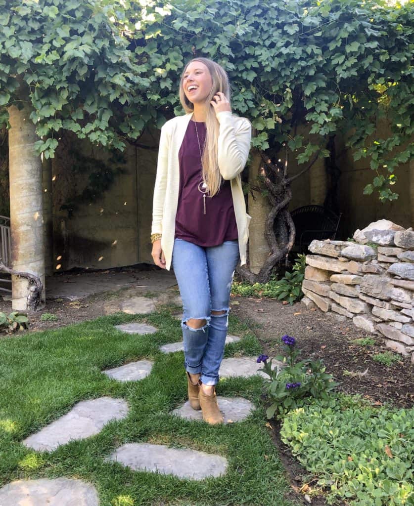 October outfit ideas, fall outfit inspiration, date night outfits, modest outfits, warm sweater outfits, cardigan outfits, tan cardigan, purple top, casual outfits, gold necklace, distressed jeans, tan booties