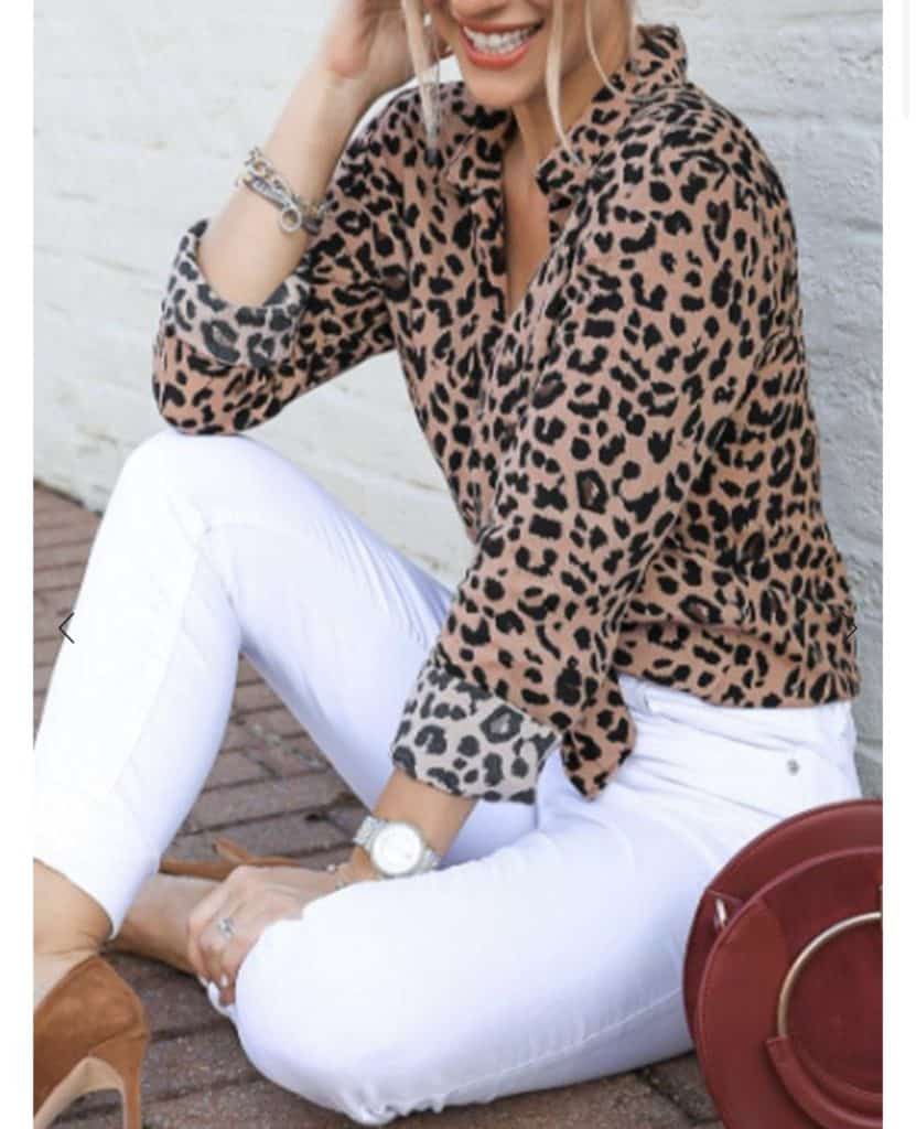 Leopard is all the rage right now and I love the animal print trend. This button up leopard shirt is a perfect work outfit for fall. The white jeans go well and look so classy. The brown heels are simple and elegant. 