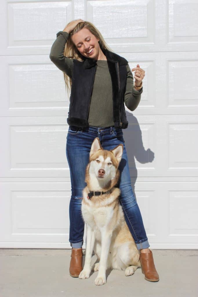 This simple fall outfit is warm and cozy. The army green sweater is very fall and perfect for date night or just lounging around the house. The simple black vest adds extra warmth as the seasons transition to colder. A great fall or winter outfit. A cute dog and November outfits.