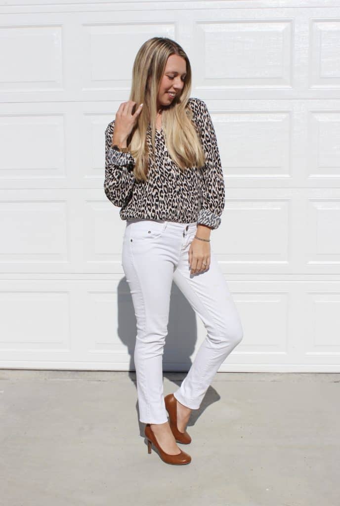 Leopard is all the rage right now and I love the animal print trend. This button up leopard shirt is a perfect work outfit for fall. The white jeans go well and look so classy. The brown heels are simple and elegant. 
