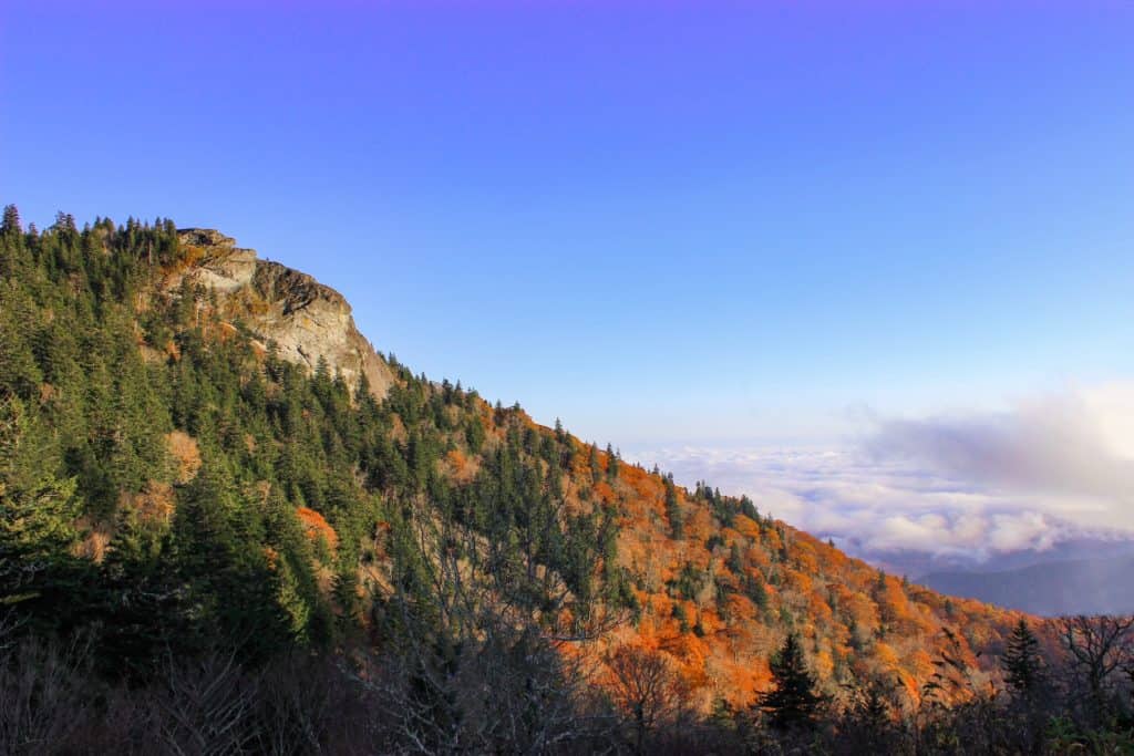 The Devil's Courthouse off of Blue Ridge Parkway in North Carolina. The Devil's Courthouse is a steep, fairly easy dog friendly hike near Asheville. The Devil's Courthouse will reward you with stunning views and a great spot to watch the sunset or sunrise.