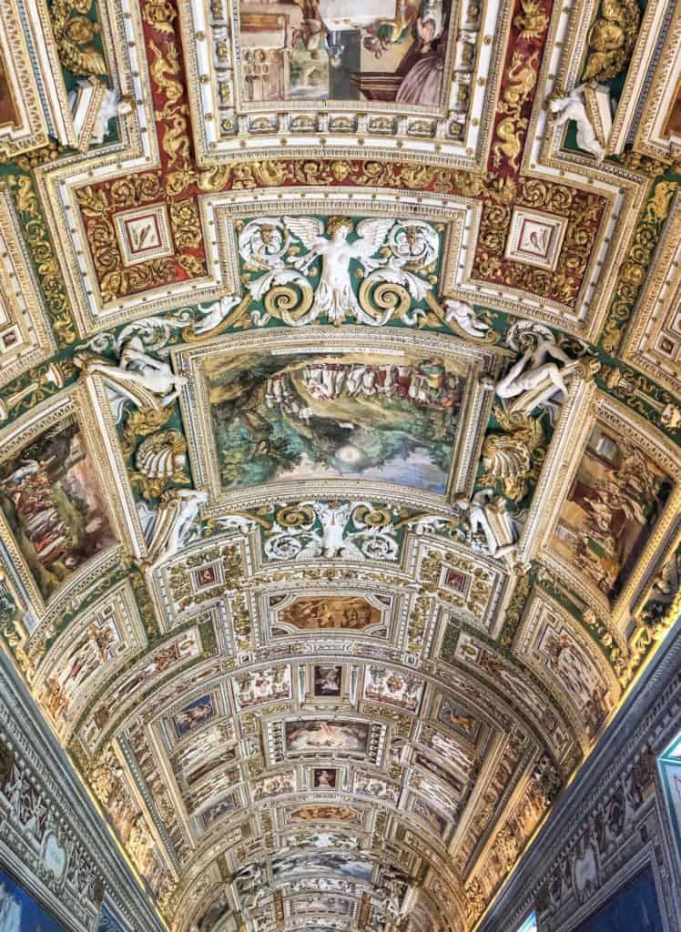 One of the ornately decorated ceilings inside the Vatican. The Vatican is its own country located within the city of Rome, Italy. That makes visiting a fun thing to do while in Rome.