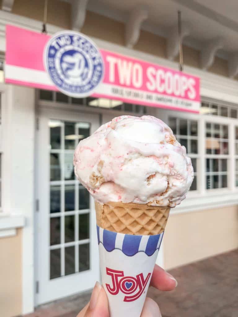 Scoop of raspberry pie ice cream on a waffle cone from Two Scoops on Anna Maria Island. Definitely a must try restaurant while on Anna Maria Island.