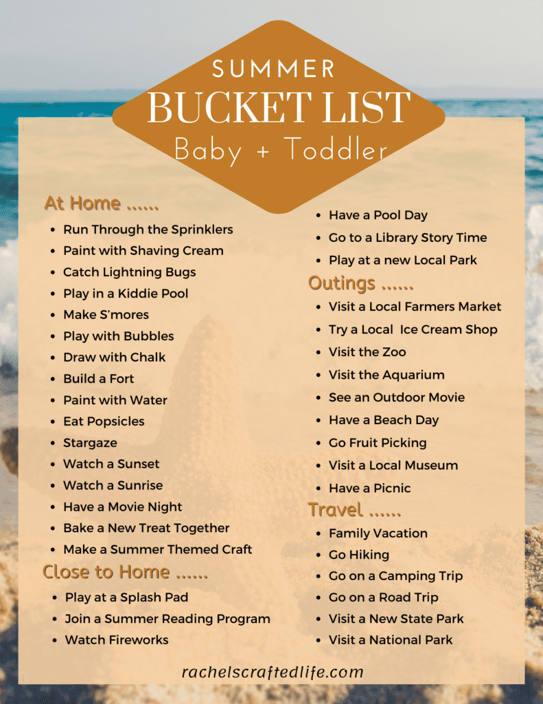 a baby and toddler summer bucket list to make the most of your summer vacation with young kids! This family summer bucket list has everything from exploring locally, to home activities to traveling abroad with kiddos. If you need help coming up with new summer activities then use this list to help you out!