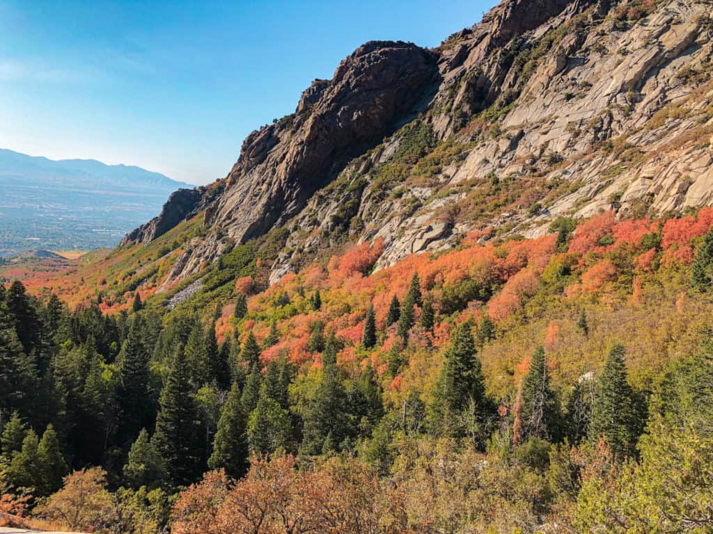 A view of Salt Lake valley during the fall from theBell Canyon trail to lower falls hike. Salt Lake City is the final destination of the Seattle to Salt Lake City road trip.