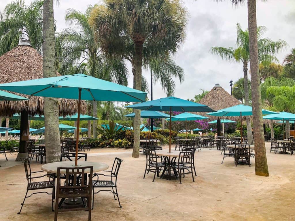 All food is included at Discovery Cove. The outdoor seating is not far from the beach and the food is actually pretty delicious.