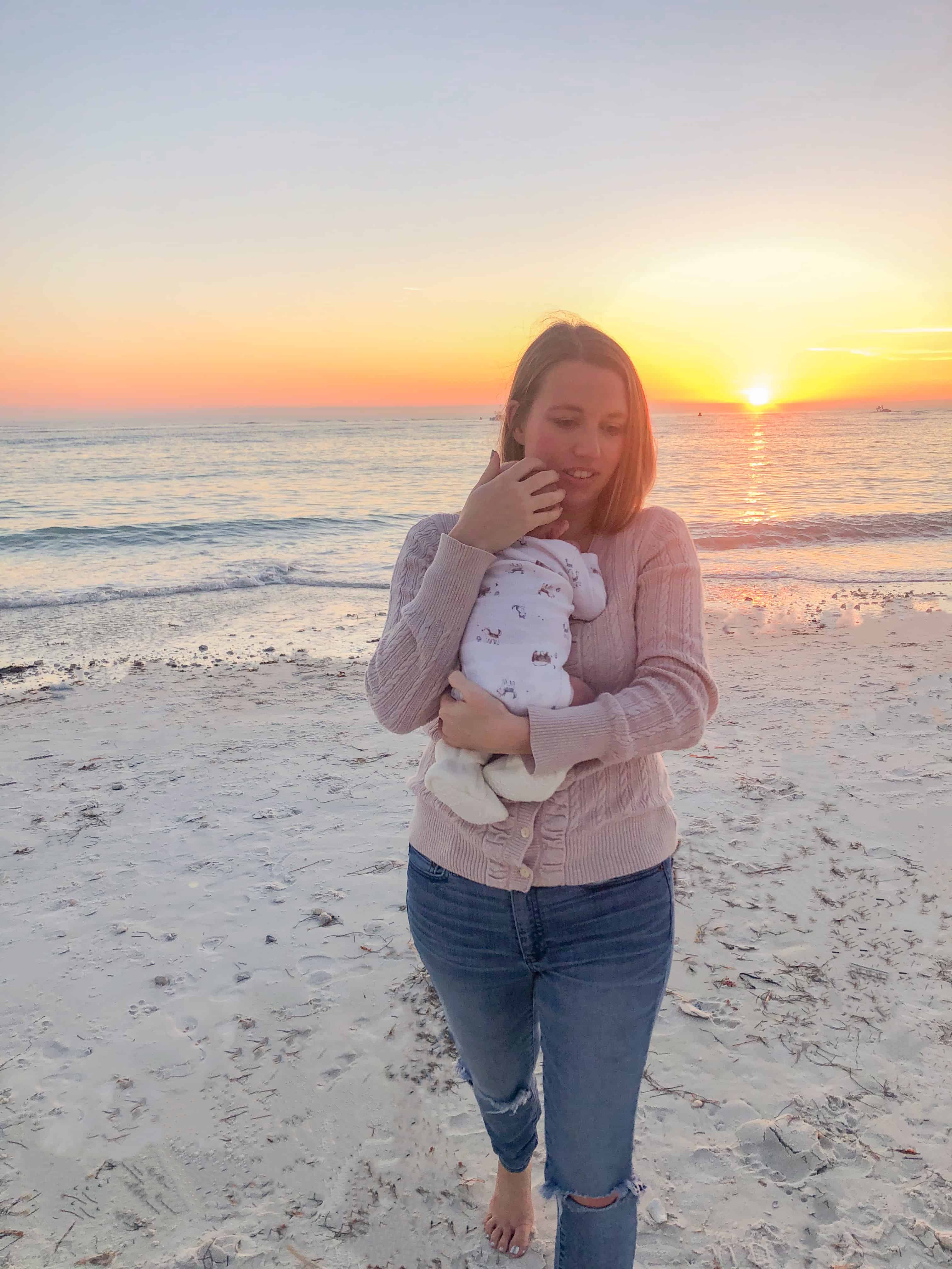 Our first "big" adventure was taking our one month old to honeymoon island to see sunset on the beach.