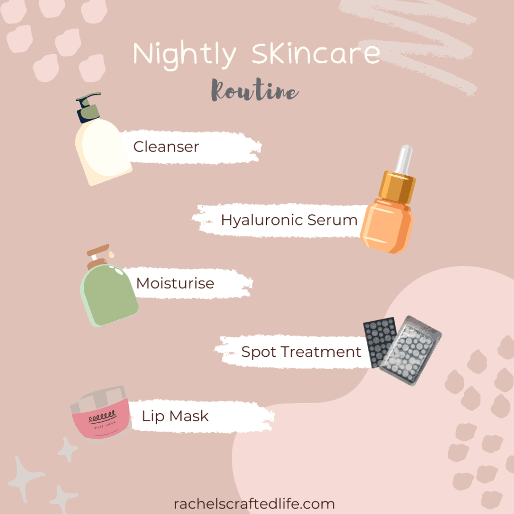 This low maintenance skincare routine is easy to follow and uses drugstore products so it is affordable too! The evening skincare routine is only five steps to help your skin rest and recover for great looking skin all day long. 