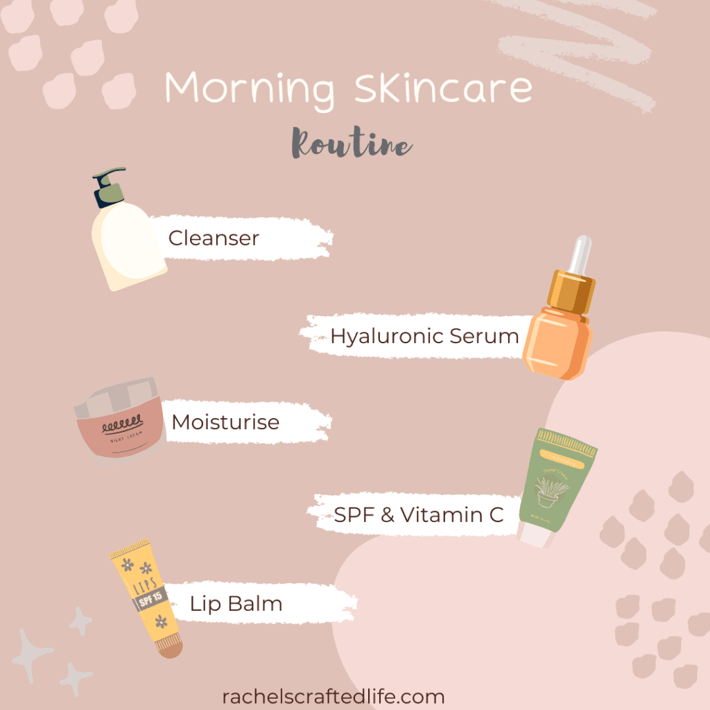 This low maintenance skincare routine is easy to follow and uses drugstore products so it is affordable too! The morning skincare routine is only five steps for great looking skin all day long.