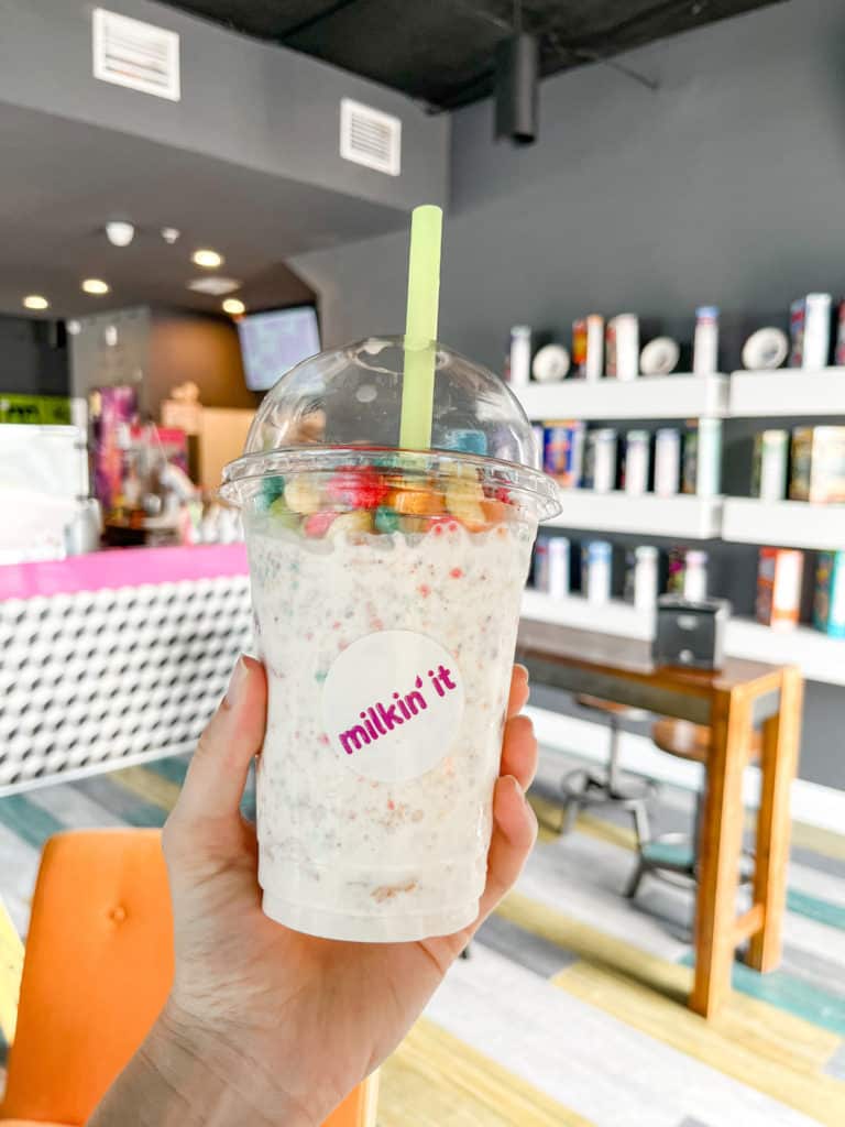 A cereal milkshake from milking' it cafe in Channelside, Tampa! A delicious desert you need to try in Tampa.
