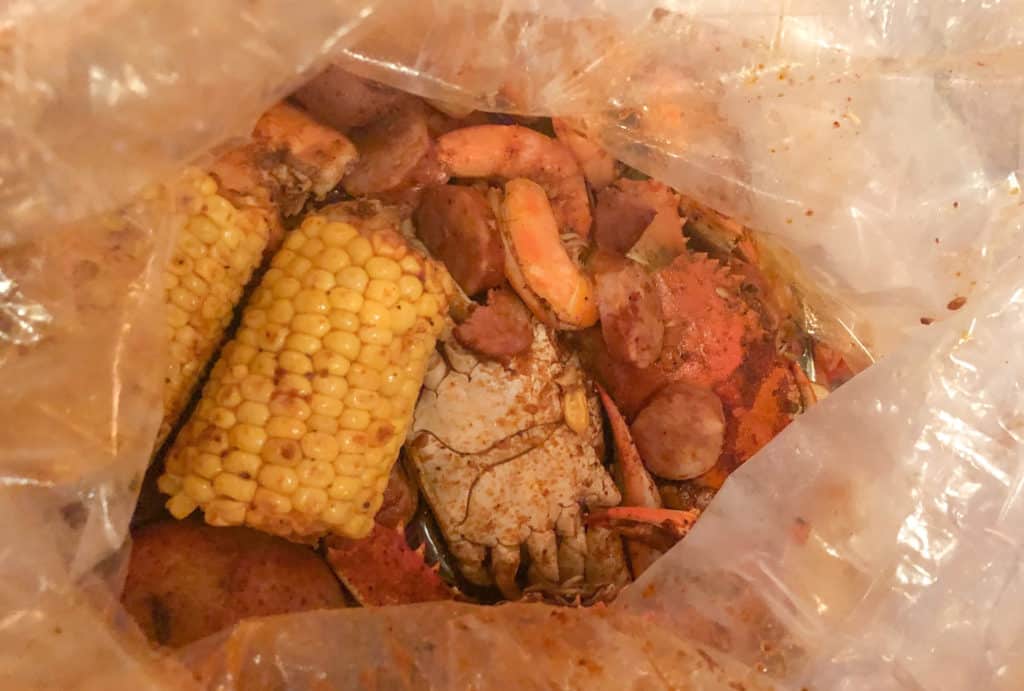 The crab and shrimp cajun boil from Mr and Mrs crab. A messy but delicious meal in Tampa, Florida.