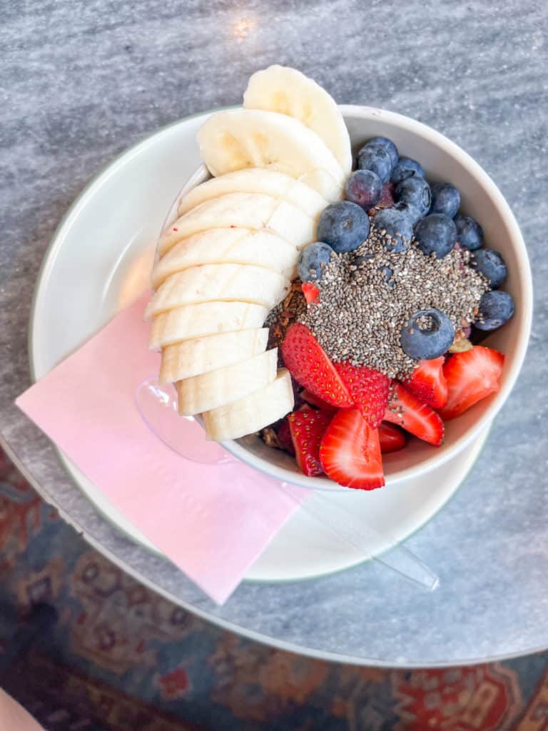 An açaí bowl with banana, strawberries, blueberries and chai seeds from Dreamer.