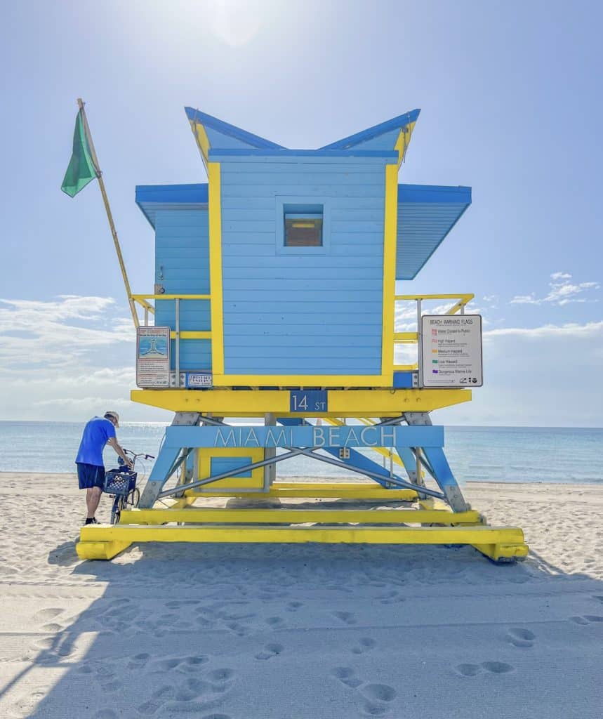 A colorful blue and yellow lifeguard stand on South Beach in Miami Beach.