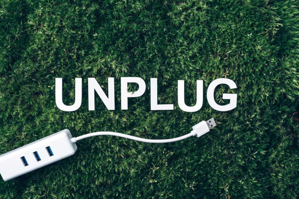 Grass background with the word unplug and a plug adapter. It is an important safety measure to unplug household devices before leaving on a trip.