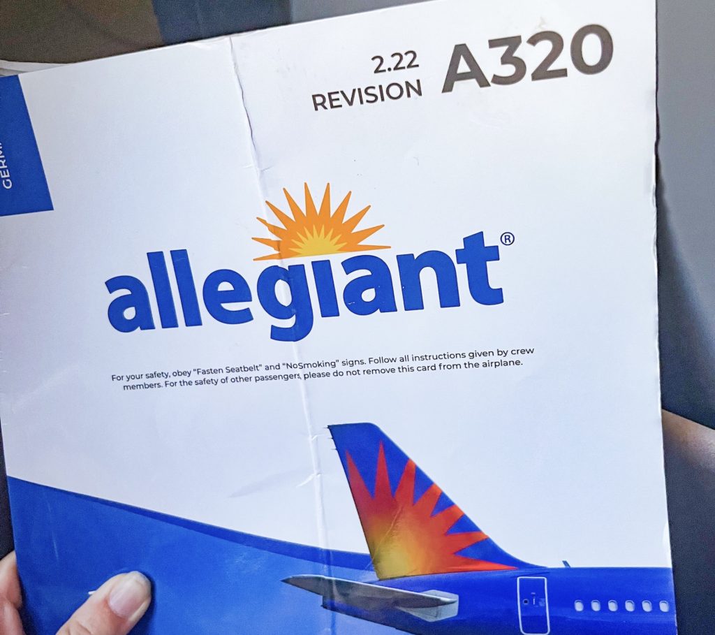 A safety pamphlet on the Allegiant Airlines flight