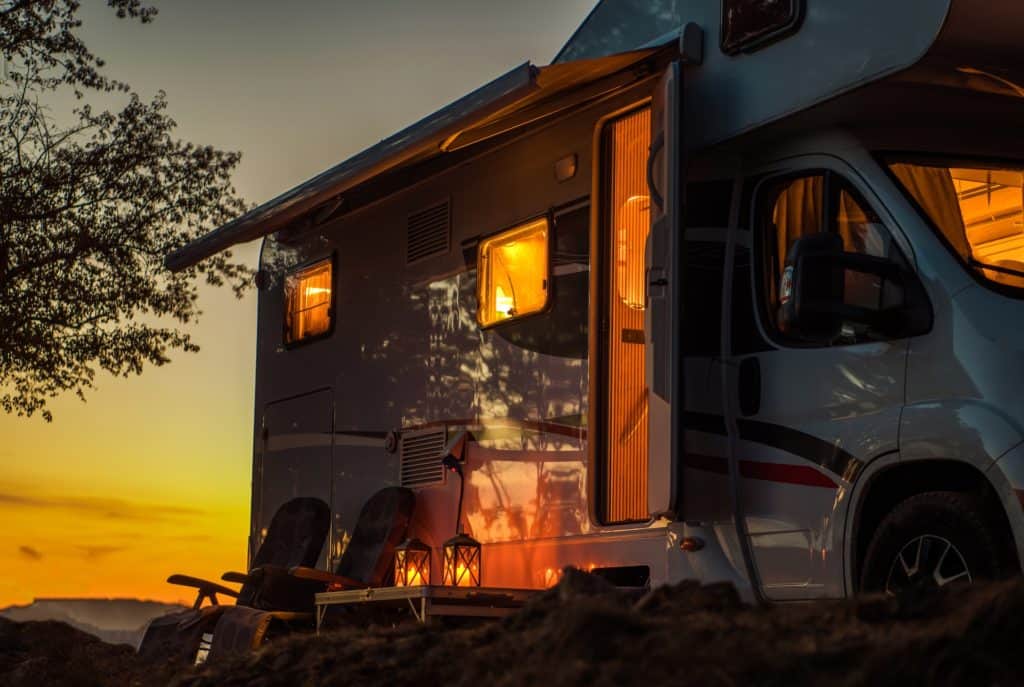 An RV in a scenic camping spot. 