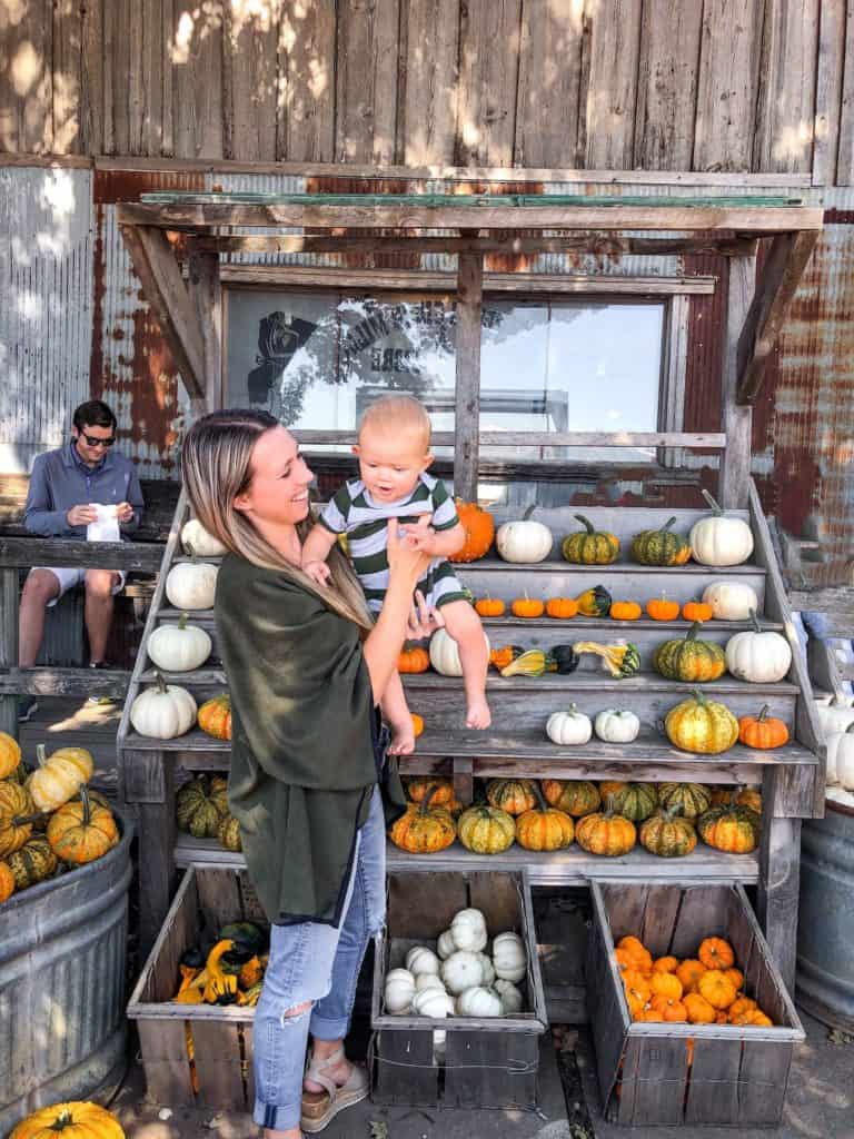 Mother and infant son in front of a pumpkin display like others you can find at many of the pumpkin patches and fall festivals in Tampa Bay.