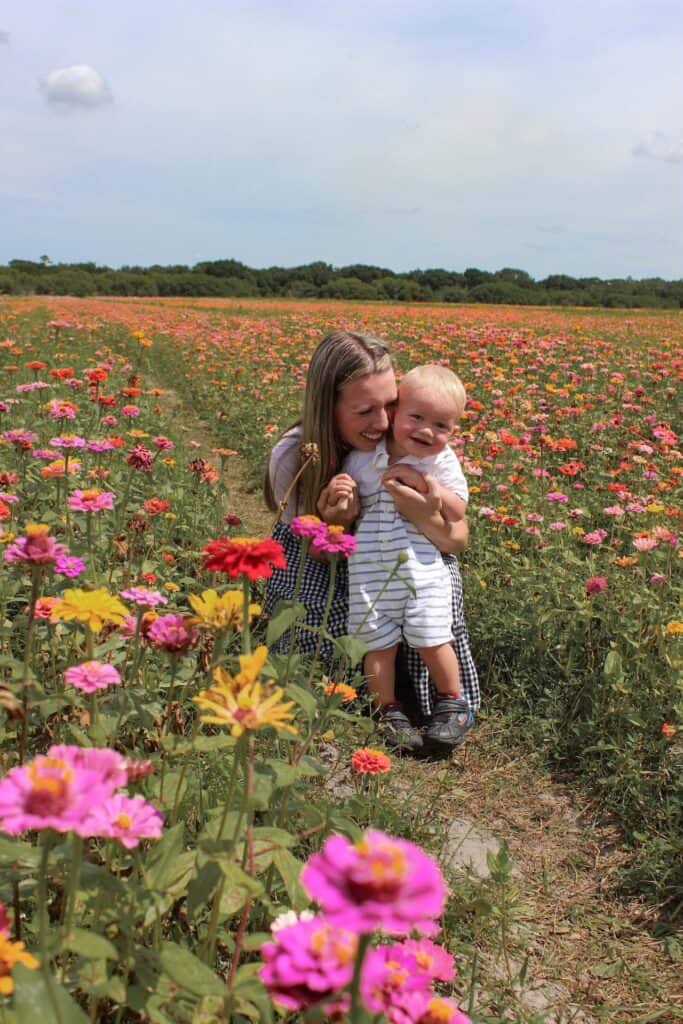 Mother and son enjoying the zinnia fields at Hunsader Farm.