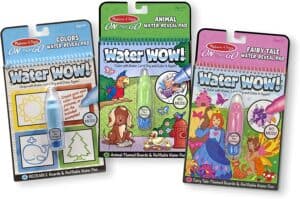 Water coloring books like water wow make the perfect on the go craft for toddlers on long road trips that are mess free.