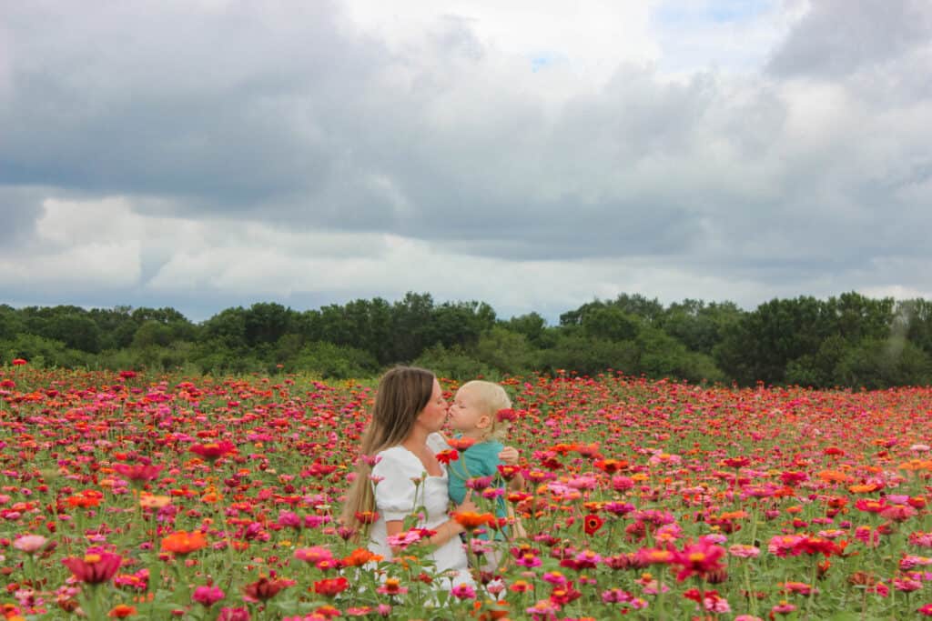 Mother and toddler exchange a kiss in a field of flowers.
