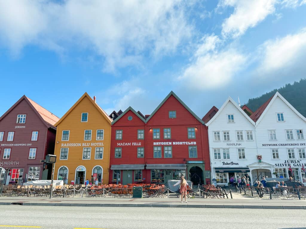 The colorful wooden buildings of Bryggen in Bergen. An easy thing to do in Bergen as you sightsee.