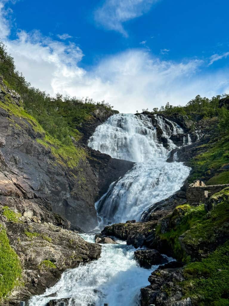 The kjosfossen waterfall is the only stop during the Flåm railway ride portion of the Norway in a Nutshell tour